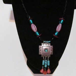 American Indian style glass beads silver tone choker